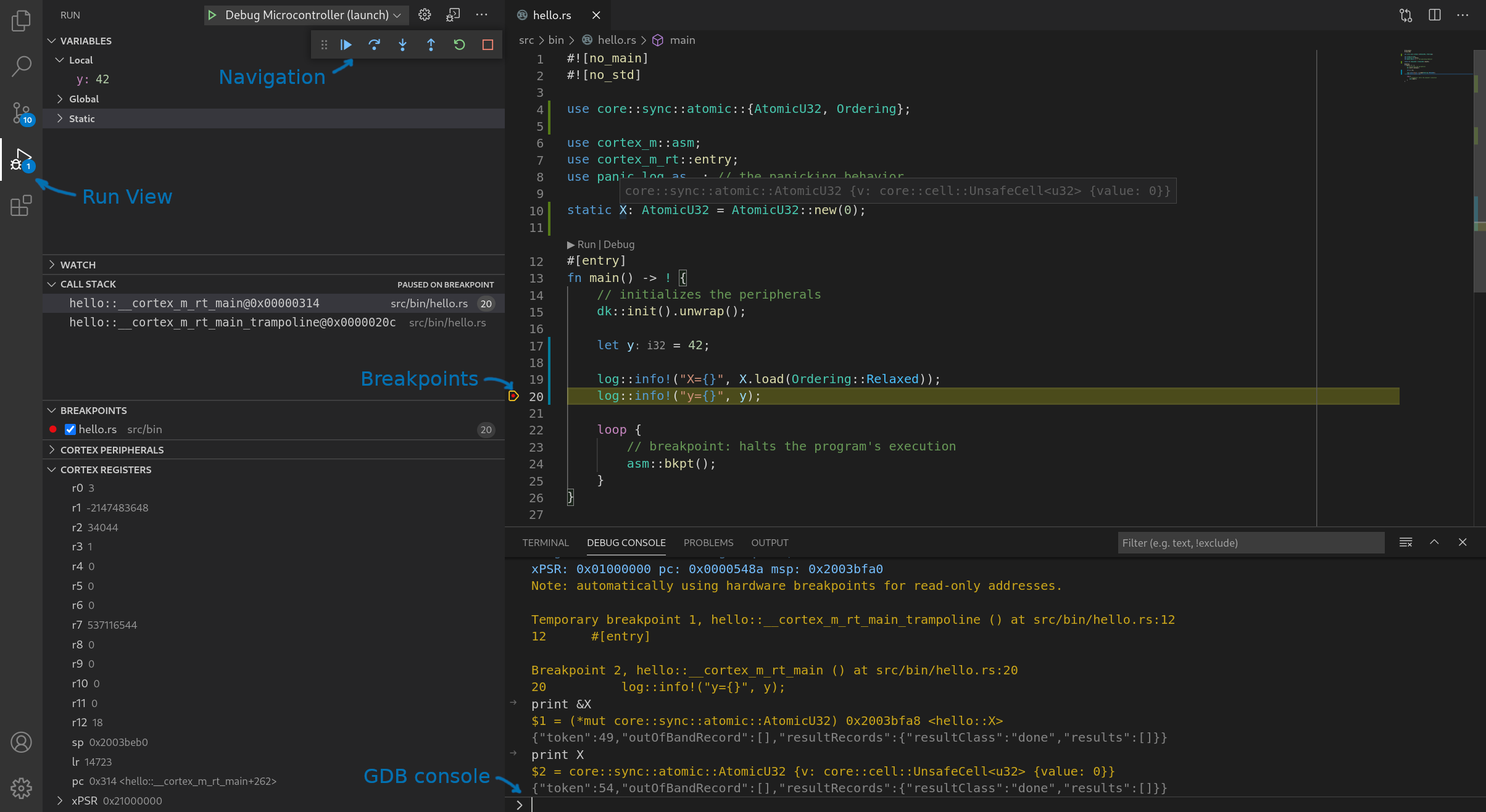 GDB session within VS code using the cortex-debug extension