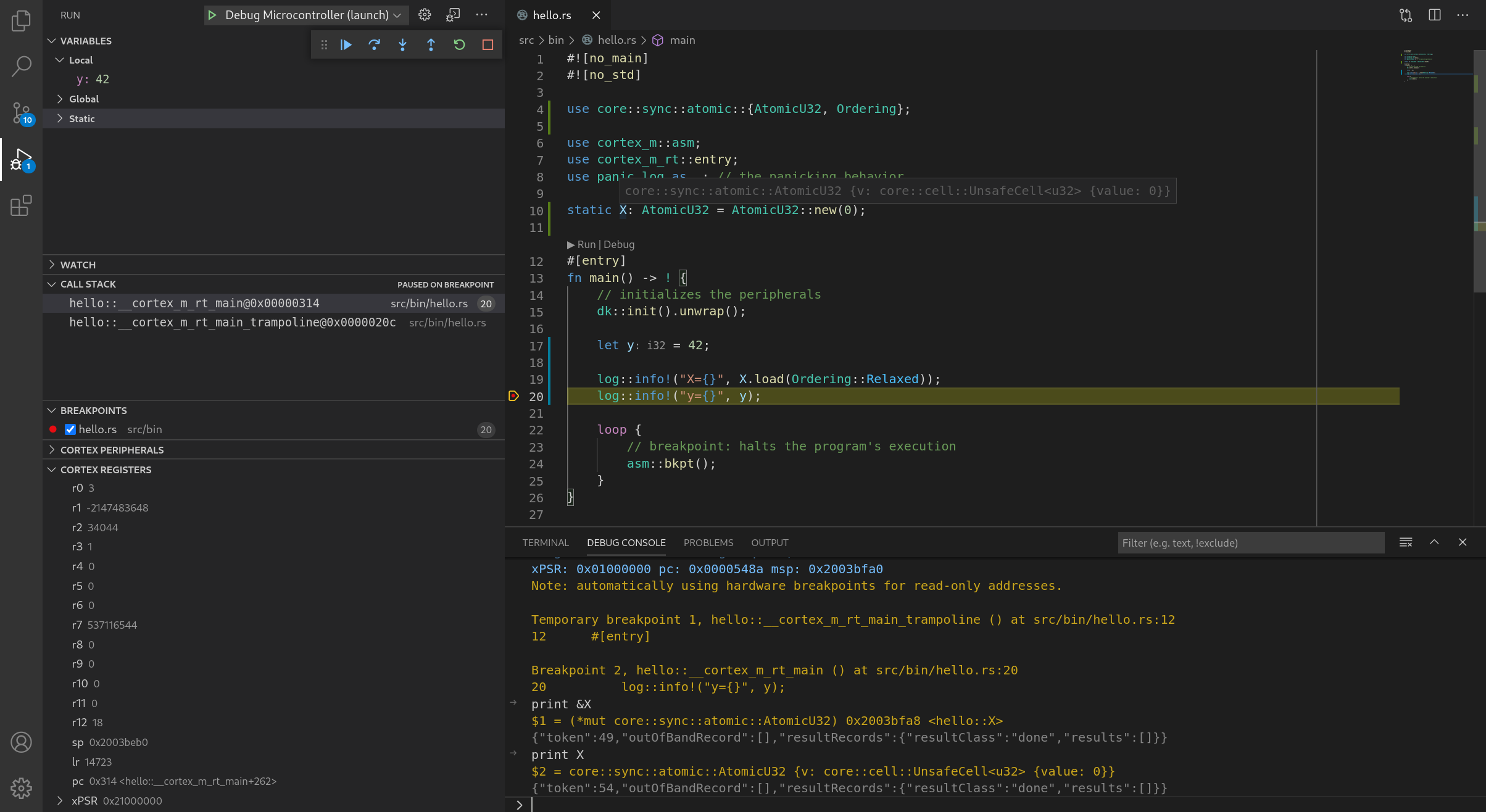 GDB session within VS code using the cortex-debug extension