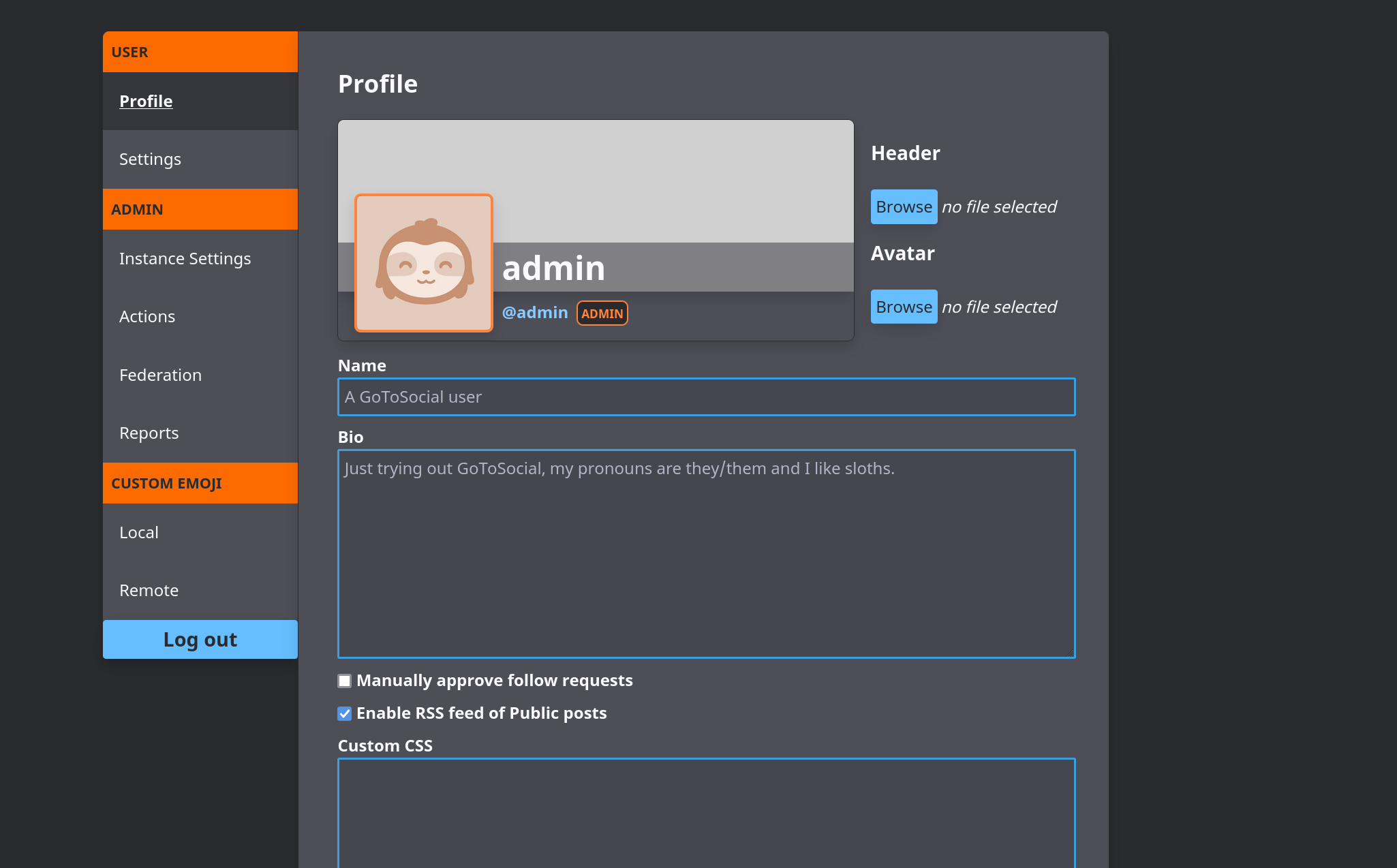Screenshot of the profile section of the user settings interface, showing a preview of the avatar, header and display name, and providing form fields to change them