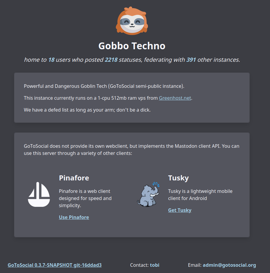 Screenshot of the landing page for the GoToSocial instance goblin.technology. It shows basic information about the instance; number of users and posts etc.