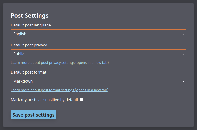 Screenshot of the Post Settings section of the User Settings Panel