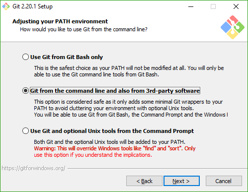 Select "Git from the command line and also from 3rd-party software"
