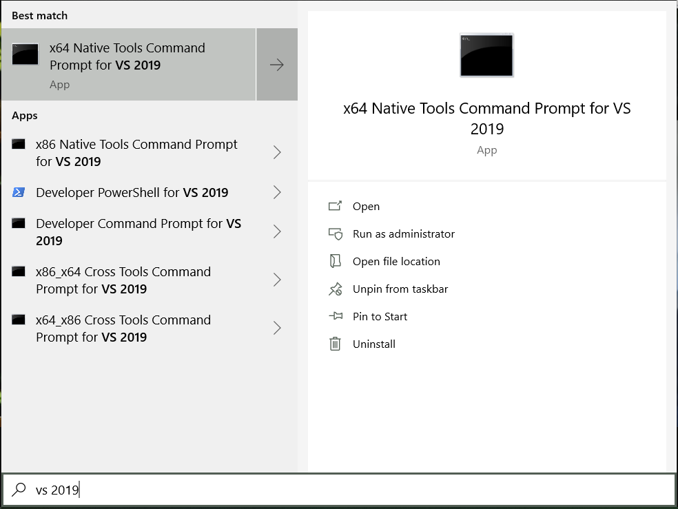 x64 Native Tools Command Prompt for VS 2019