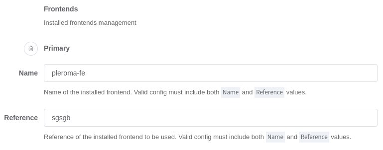 screenshot of admin-fe with instructions on how to install a frontend